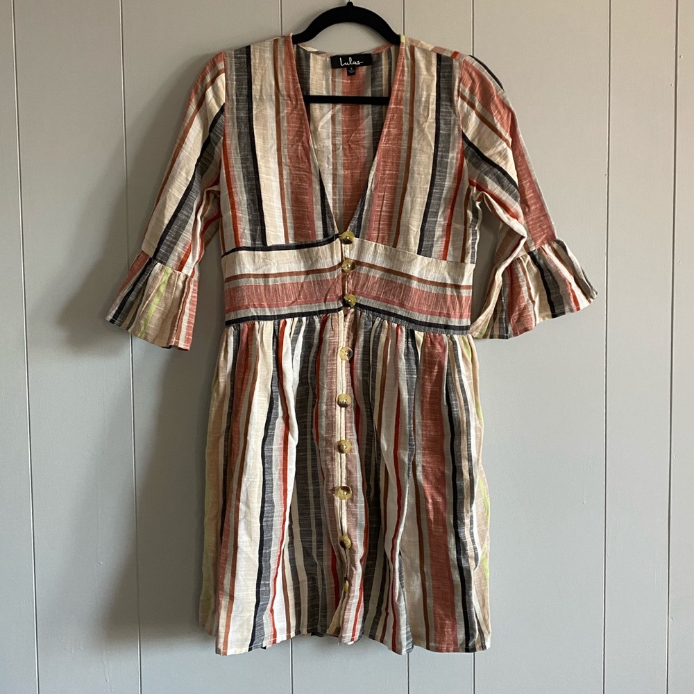 Lulu’s Cream Multi Striped Button-Front Dress - Picture 6 of 7